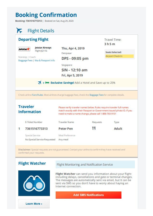 Sample fake flight ticket PDF